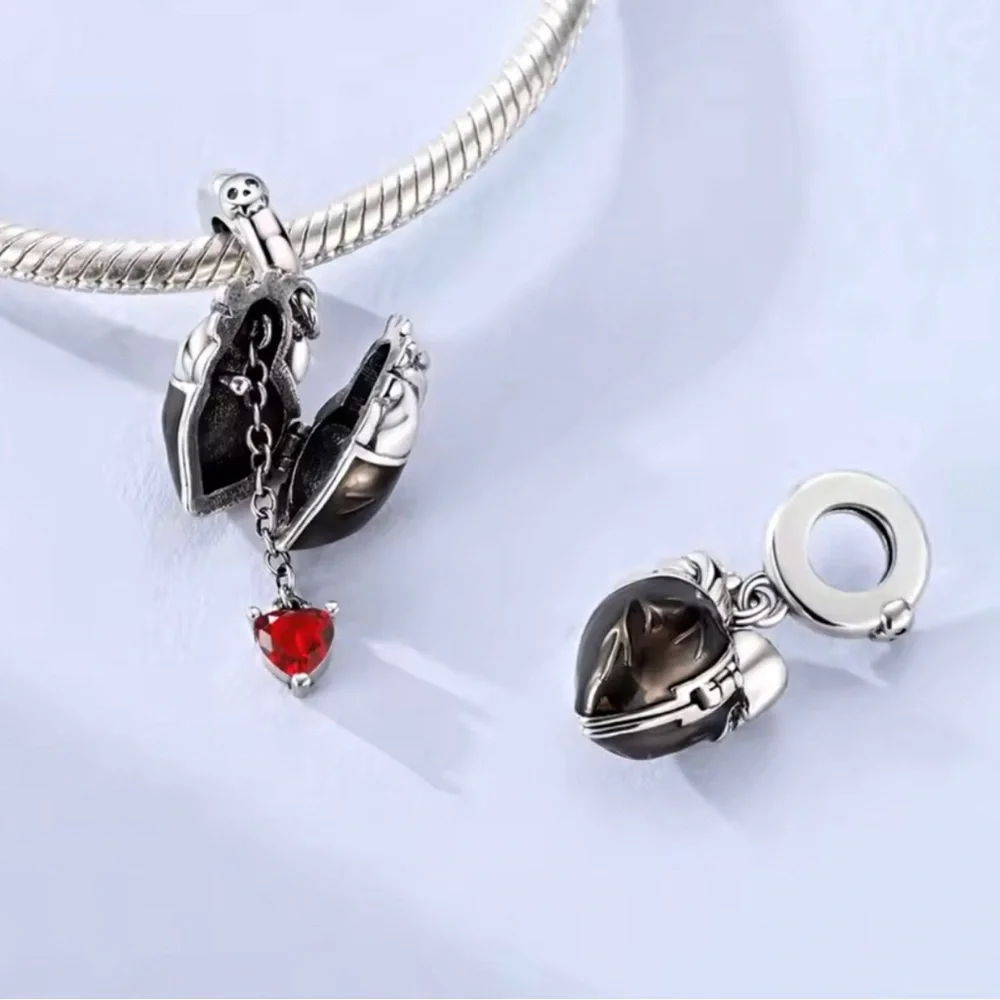 Sterling Silver Heart Locket Charm with Red Crystal Drop